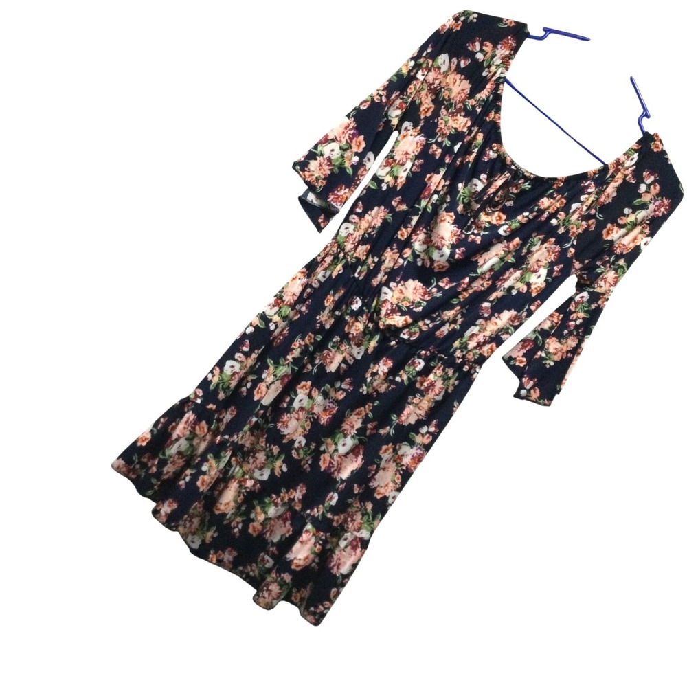 Shiela Rose Navy Floral Elastic Waist Tiered Ruffle Dress Size M 8.2411